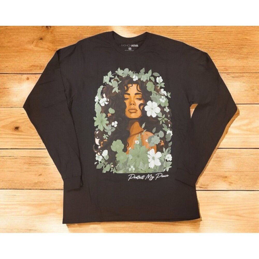 Fashion Nova Top‎ Women's Size M Protect My Peace Long Sleeve Shirt Black NWOT